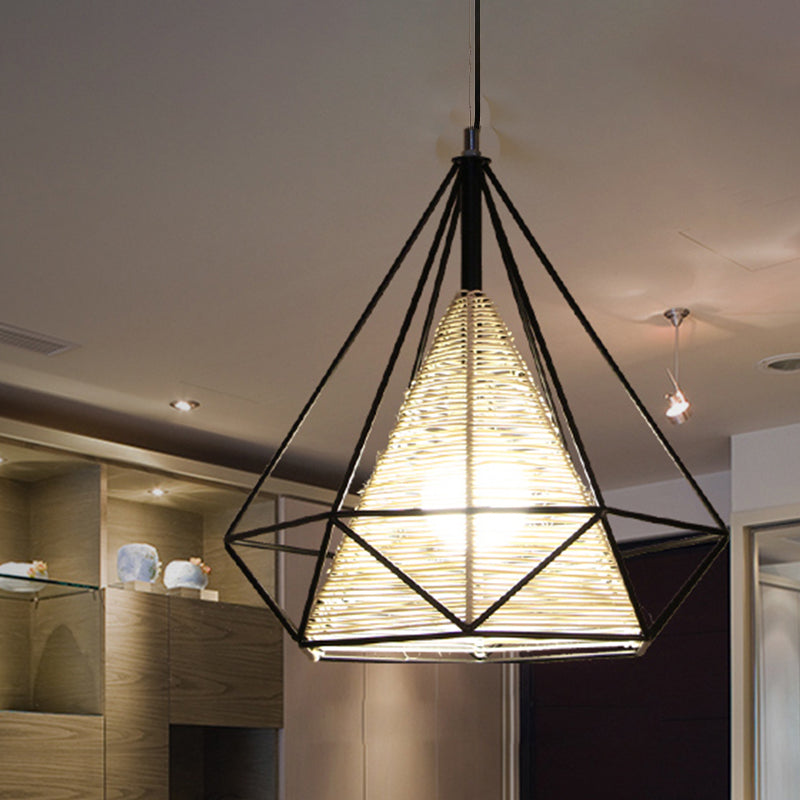 Diamond Rattan Hanging Pendant Light - Modern 1 Light Beige Ceiling Light for Kitchen Island - 15"/18"/19.5" Wide