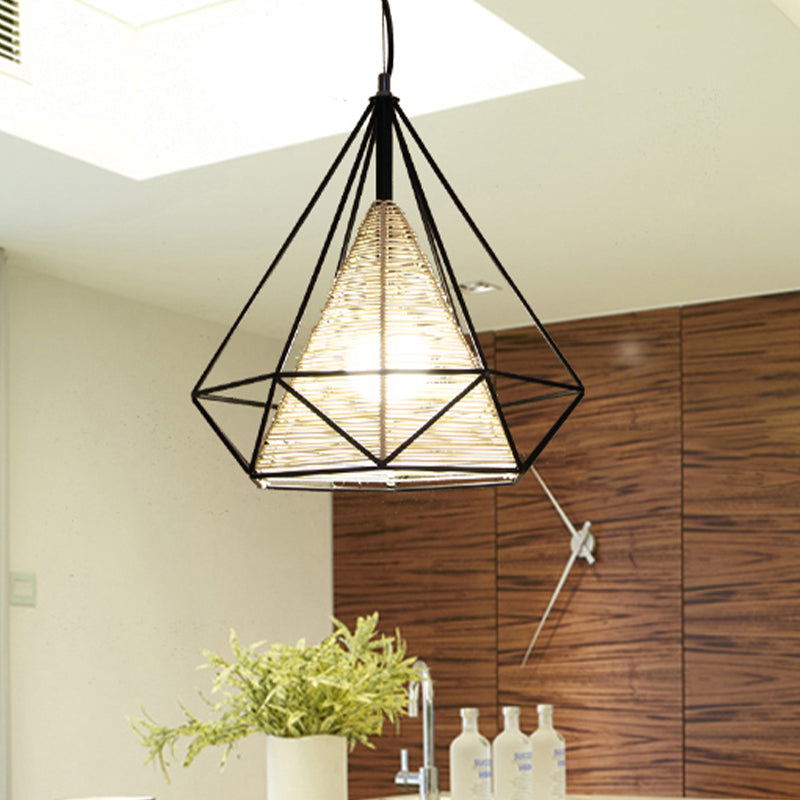 Diamond Rattan Hanging Pendant Light - Modern 1 Light Beige Ceiling Light for Kitchen Island - 15"/18"/19.5" Wide