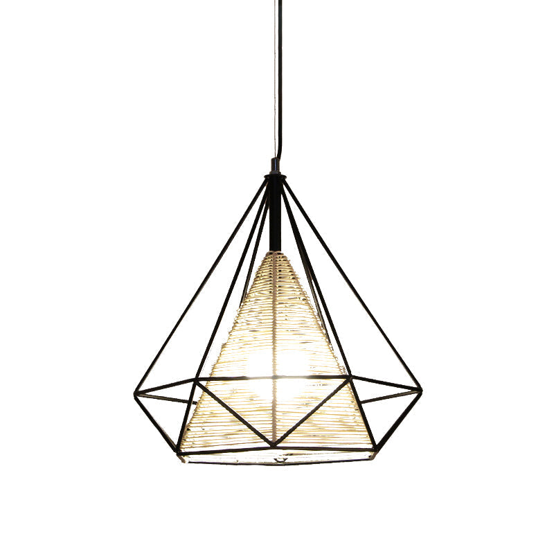 Diamond Rattan Hanging Pendant Light - Modern 1 Light Beige Ceiling Light for Kitchen Island - 15"/18"/19.5" Wide