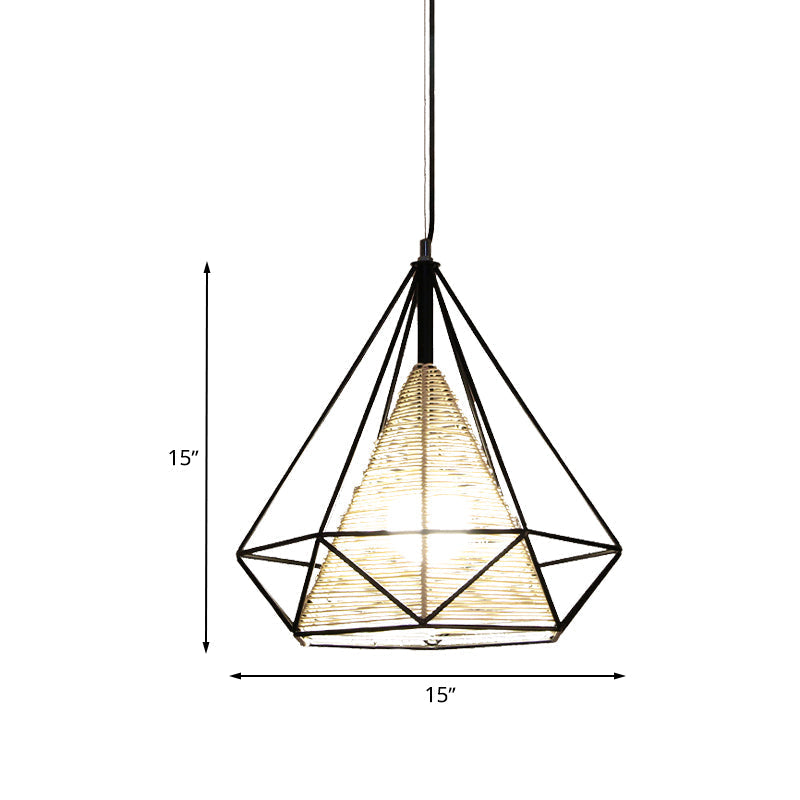 Diamond Rattan Hanging Pendant Light - Modern 1 Light Beige Ceiling Light for Kitchen Island - 15"/18"/19.5" Wide