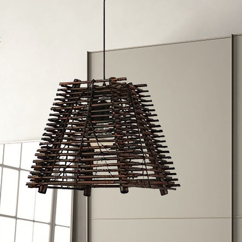 Rustic Trapezoid Hanging Bamboo Pendant Light For Dining Room - Brown / A