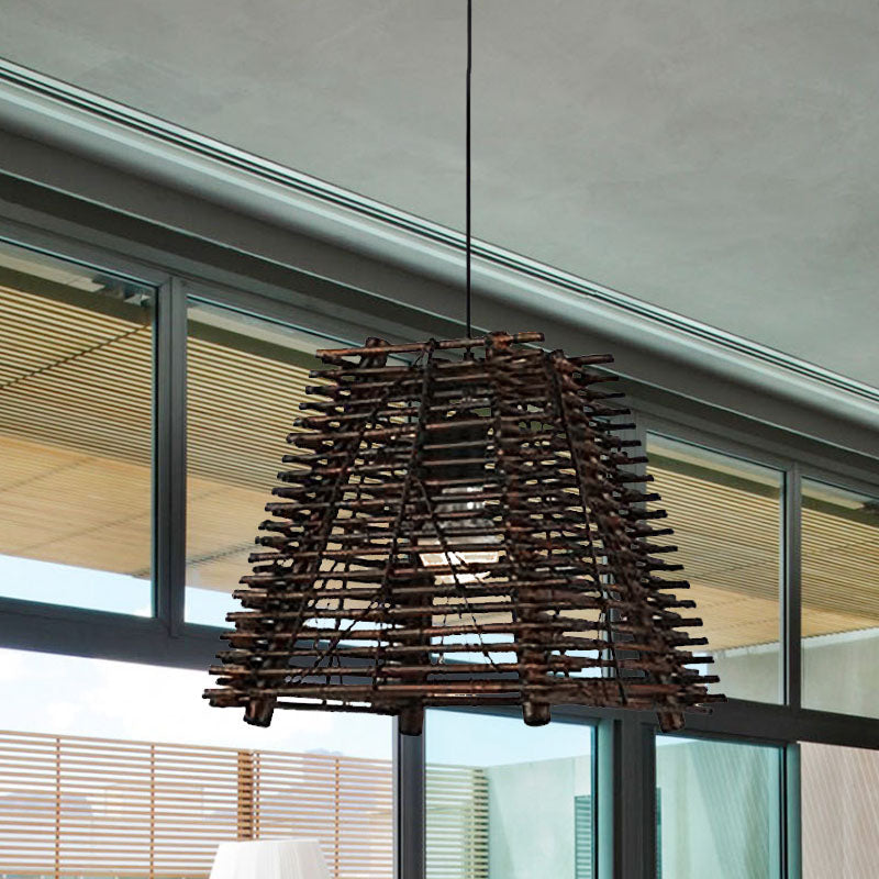 Rustic Trapezoid Hanging Bamboo Pendant Light For Dining Room - Brown