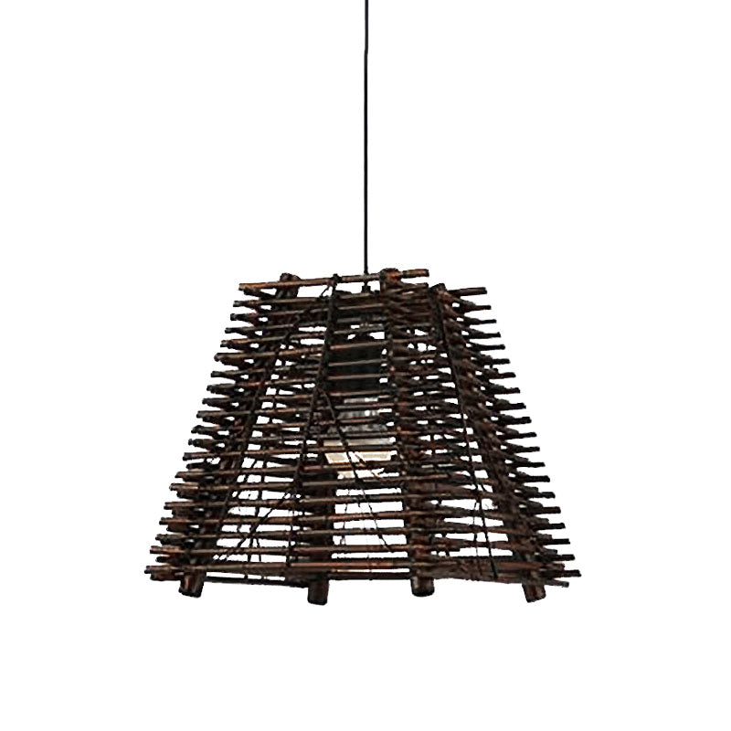 Rustic Trapezoid Hanging Bamboo Pendant Light For Dining Room - Brown