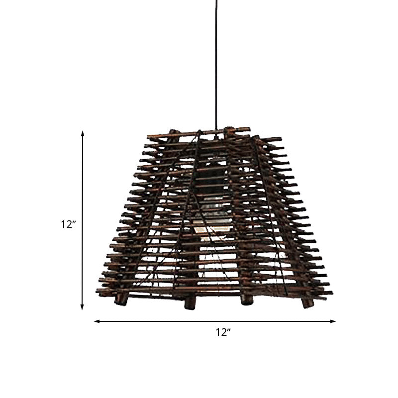 Rustic Trapezoid Hanging Bamboo Pendant Light For Dining Room - Brown