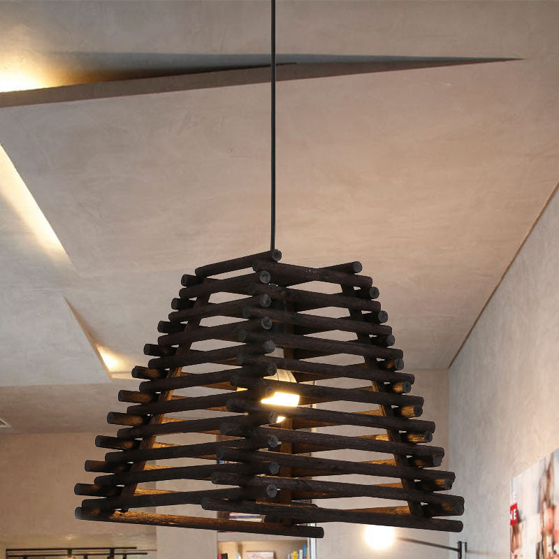 Rustic Trapezoid Hanging Bamboo Pendant Light For Dining Room - Brown / B
