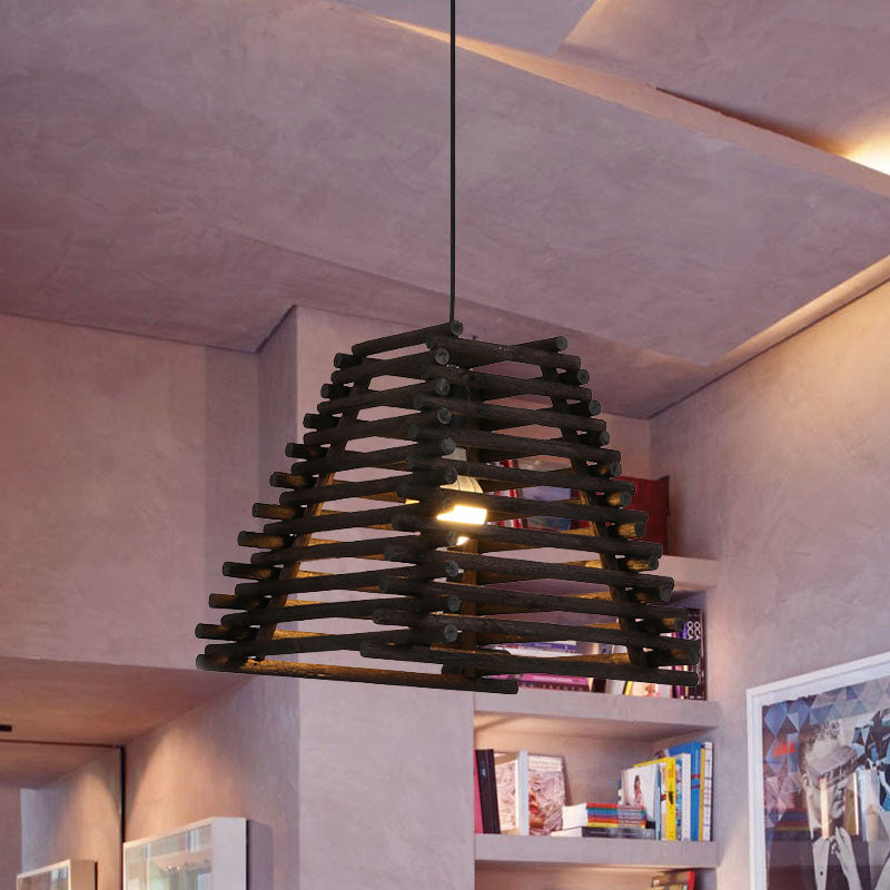 Rustic Trapezoid Hanging Bamboo Pendant Light For Dining Room - Brown