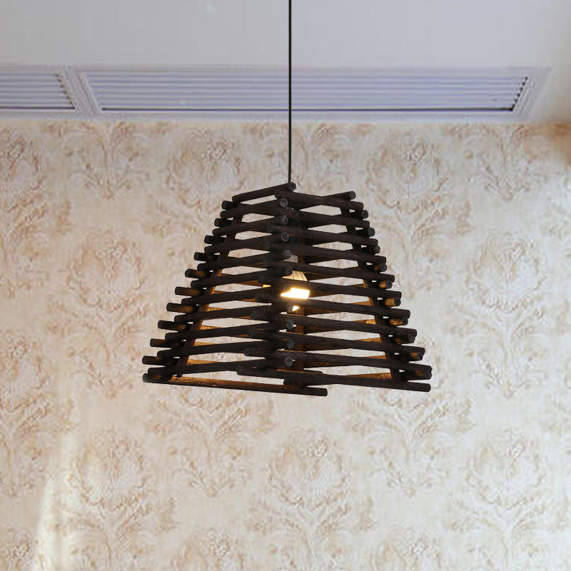 Rustic Trapezoid Hanging Bamboo Pendant Light For Dining Room - Brown