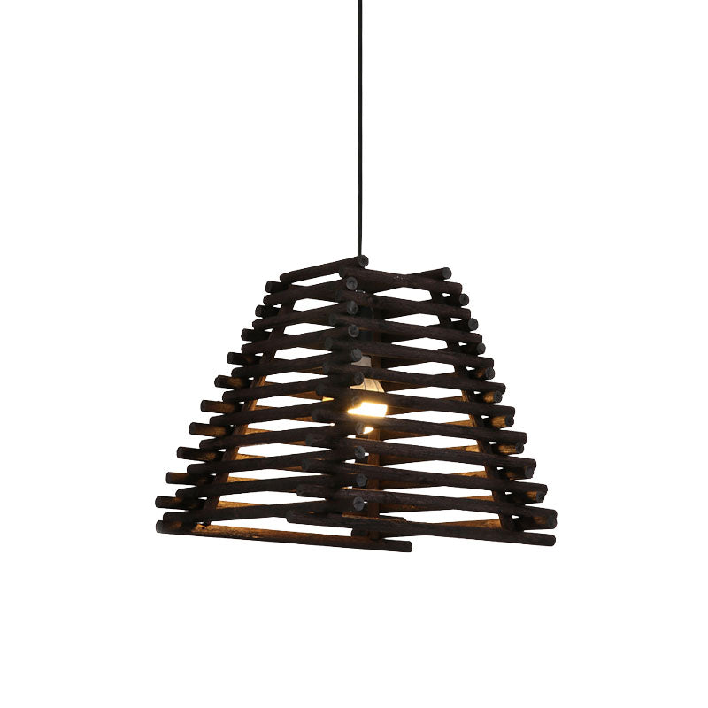 Rustic Trapezoid Hanging Bamboo Pendant Light For Dining Room - Brown