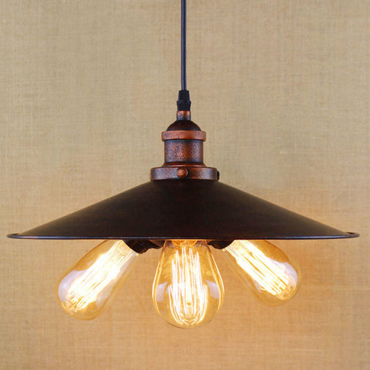 Antique-Style Rust Metal Chandelier Pendant - 3-Light Flat Shade Lighting for Restaurants