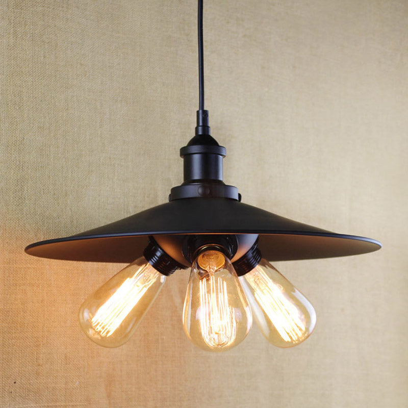 Lustre industriel évasé - Luminaire suspendu en métal à 3 lumières en noir pour restaurants
