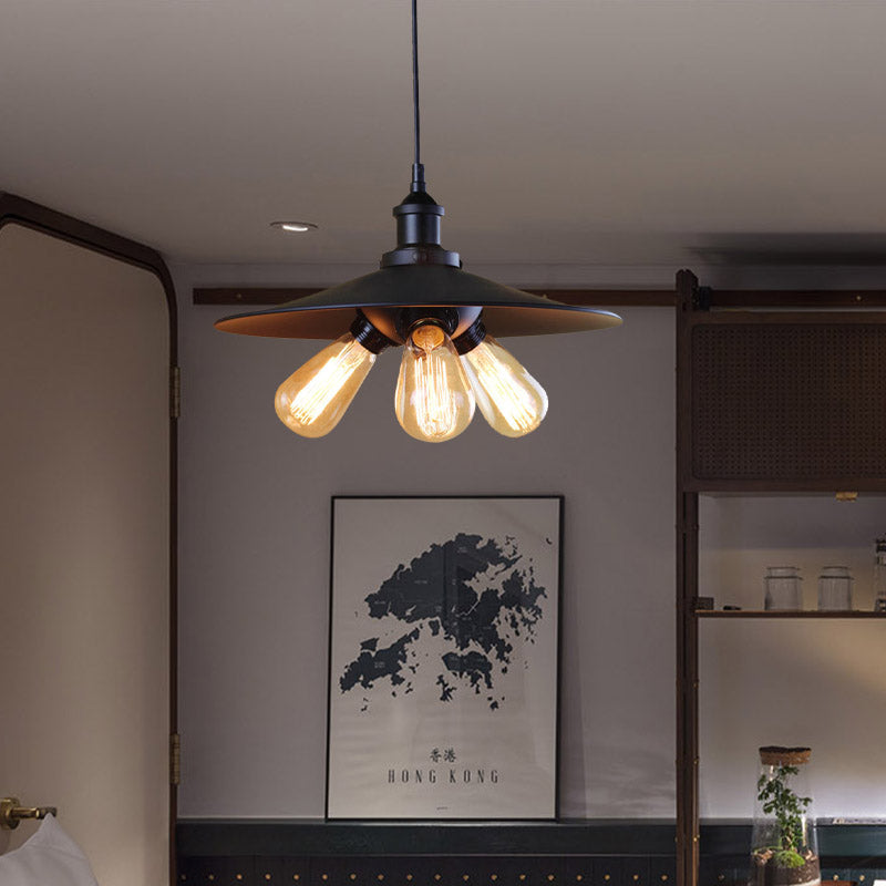 Lustre industriel évasé - Luminaire suspendu en métal à 3 lumières en noir pour restaurants