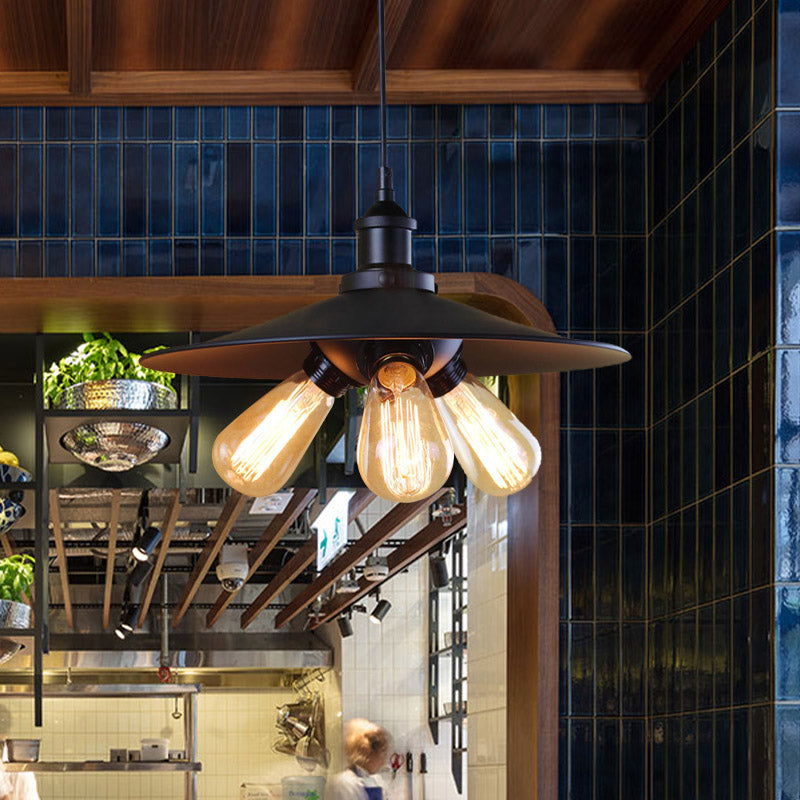 Lustre industriel évasé - Luminaire suspendu en métal à 3 lumières en noir pour restaurants