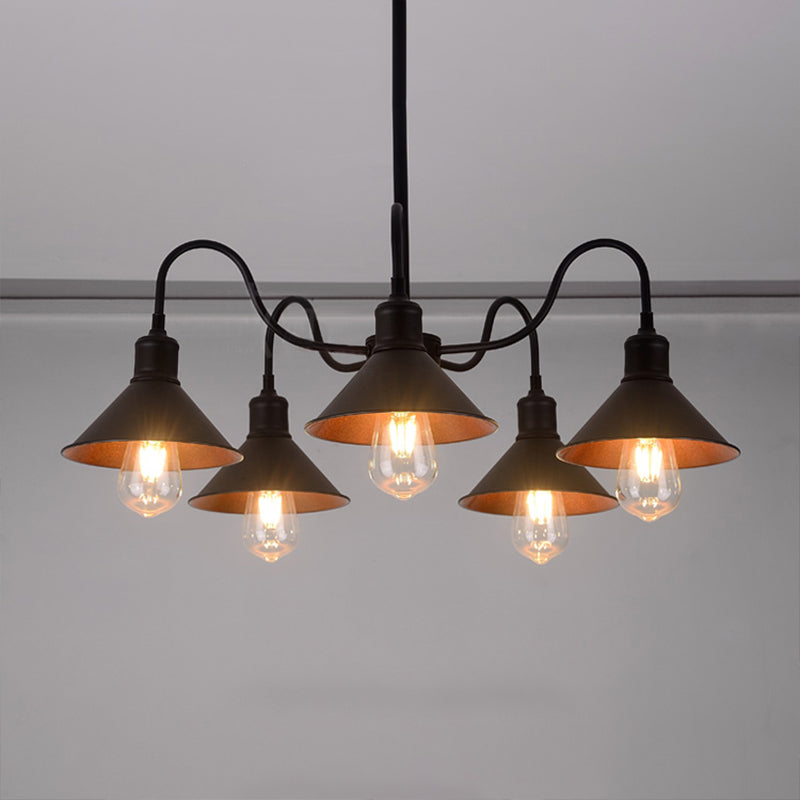 Antique Conic Shade Metal Chandelier with 5 Lights, Curved Arm, Black Finish