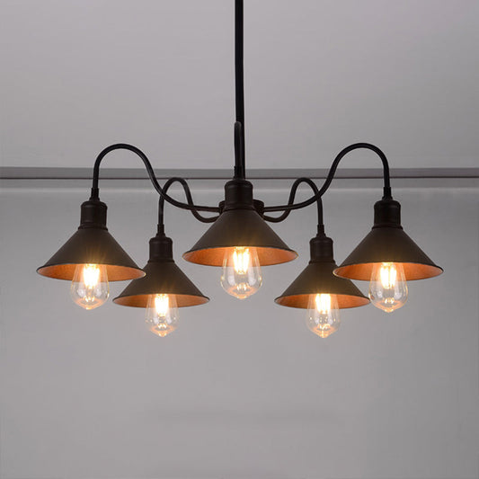 Antique Conic Shade Metal Chandelier with 5 Lights, Curved Arm, Black Finish