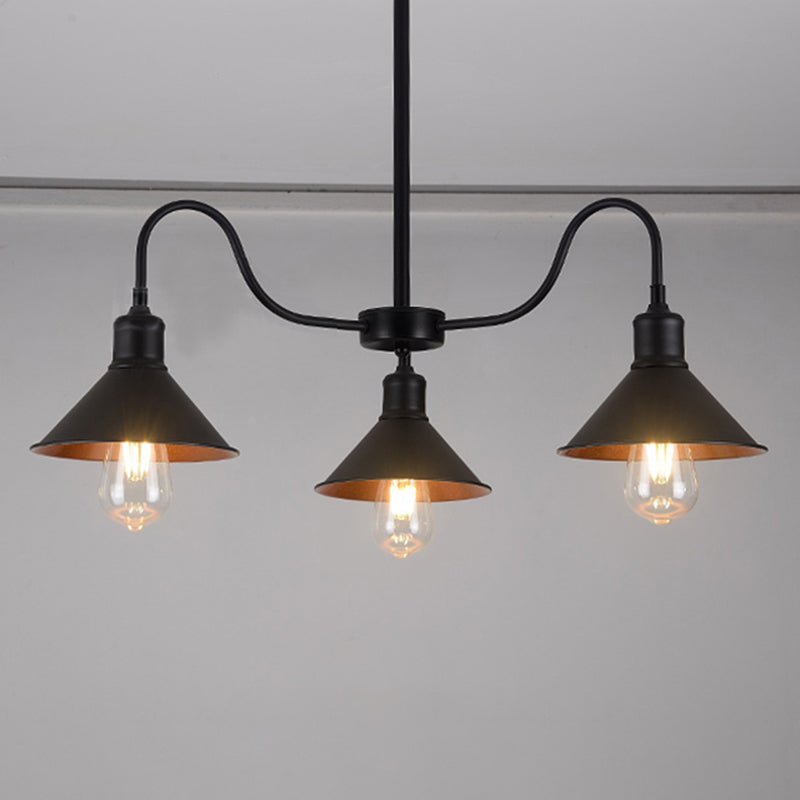 Lustre de cuisine à suspension conique noir industriel avec 3 têtes en métal et bras incurvé