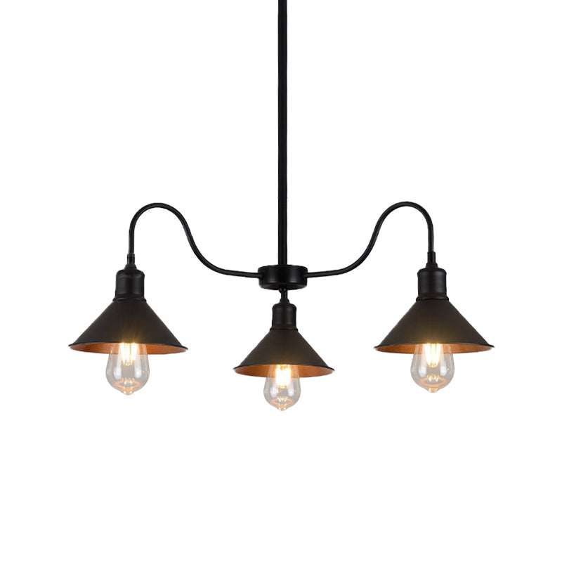 Lustre de cuisine à suspension conique noir industriel avec 3 têtes en métal et bras incurvé