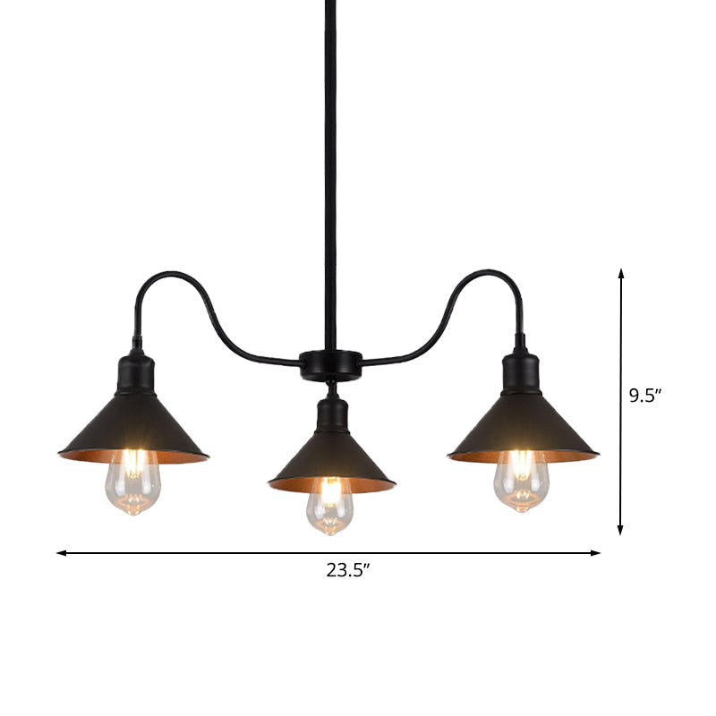 Lustre de cuisine à suspension conique noir industriel avec 3 têtes en métal et bras incurvé