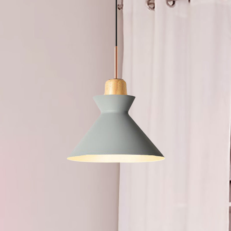 Nordic Conic Hanging Lamp: Stylish Metal and Wood Pendant Lighting (Grey/White) for Living Room