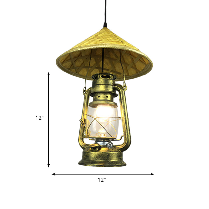 Lodge Style Rattan Pendant Light with Metal Lantern Shade - Brass, 12"/18" W