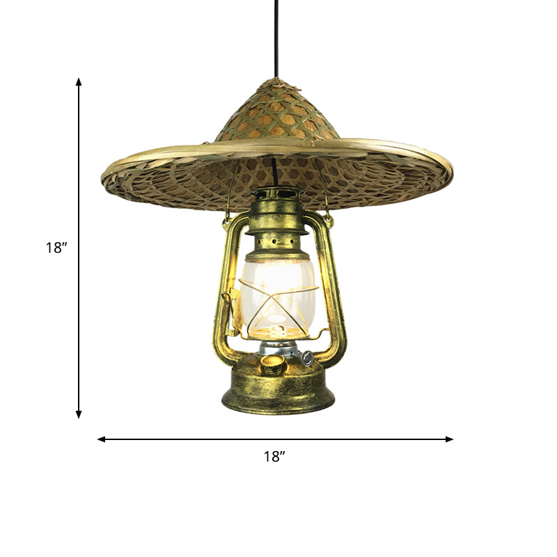 Lodge Style Rattan Pendant Light with Metal Lantern Shade - Brass, 12"/18" W