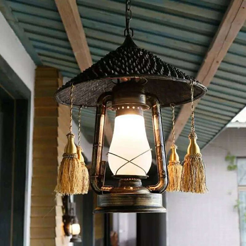 Black Lodge Style Glass Hanging Lantern for Balcony with Hat Design
