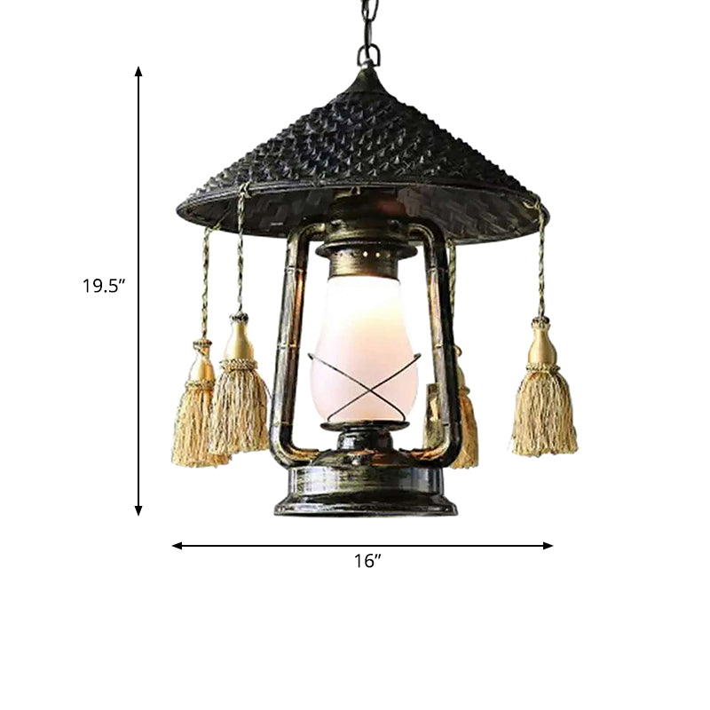Black Lodge Style Glass Hanging Lantern for Balcony with Hat Design