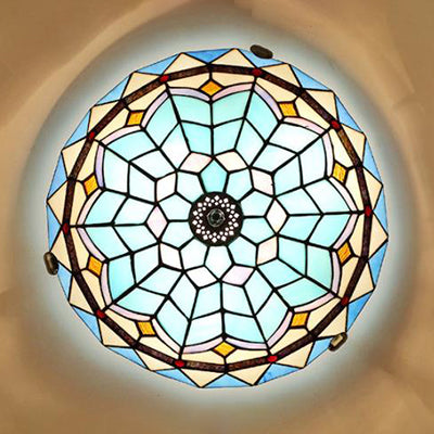 Stained Glass Bowl Flush Mount Ceiling Light - Lodge Style - 1/2/4 Light - Blue/Light Blue - 12"/16"/19.5" Width