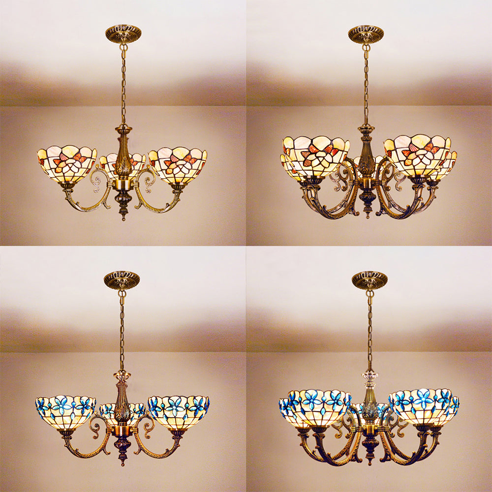 Floral Stained Glass Inverted Chandelier with Chain in Red/Blue for Vintage Bedroom Decor