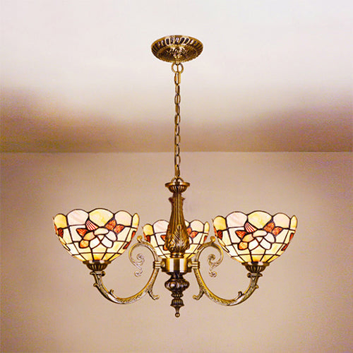 Floral Stained Glass Inverted Chandelier with Chain in Red/Blue for Vintage Bedroom Decor