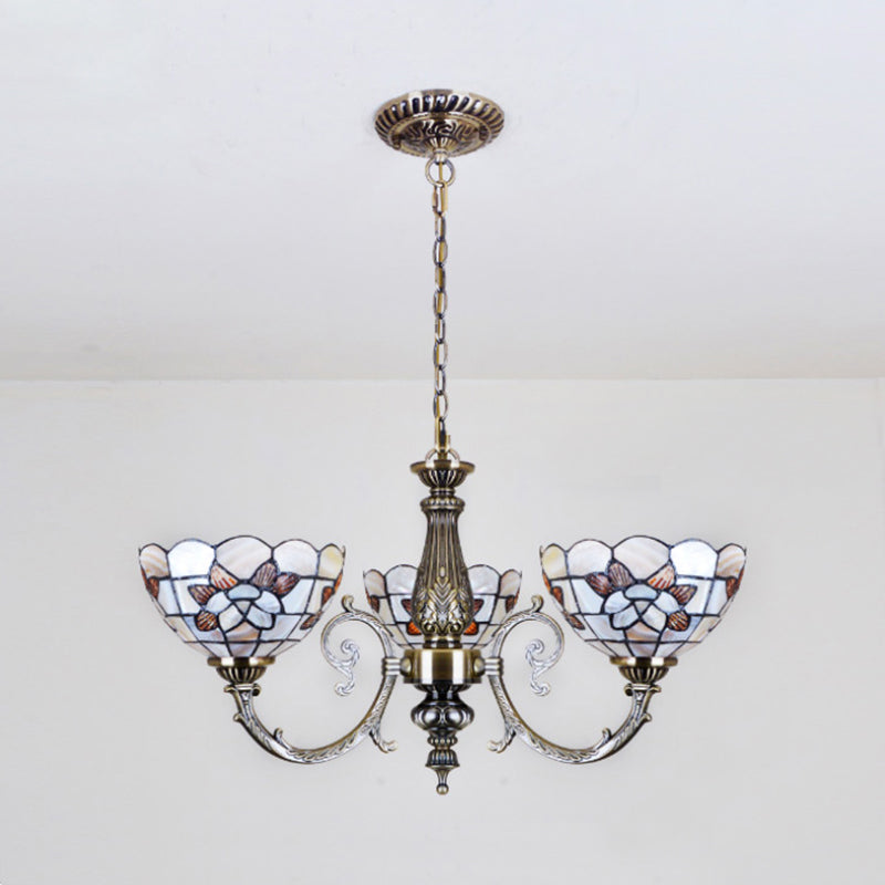 Floral Stained Glass Inverted Chandelier With Scalloped Design 3/5 Lights And Chain For Bedroom