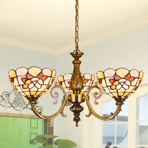 Floral Stained Glass Inverted Chandelier With Scalloped Design 3/5 Lights And Chain For Bedroom