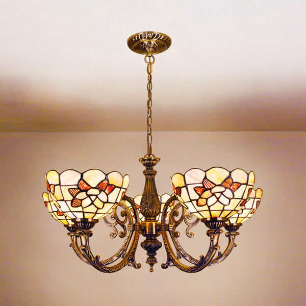 Floral Stained Glass Inverted Chandelier with Chain in Red/Blue for Vintage Bedroom Decor