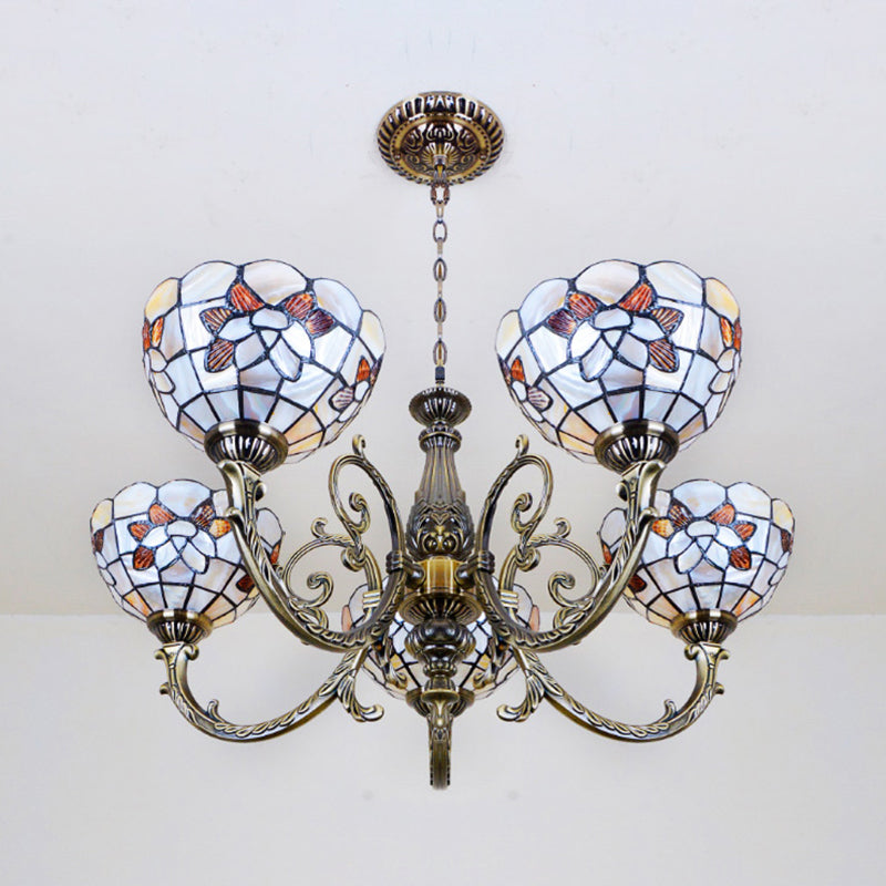 Floral Stained Glass Inverted Chandelier With Scalloped Design 3/5 Lights And Chain For Bedroom