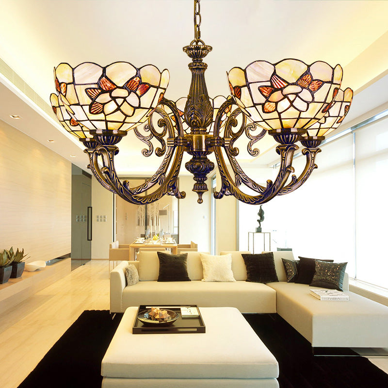 Floral Stained Glass Inverted Chandelier with Chain in Red/Blue for Vintage Bedroom Decor