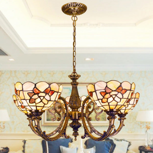 Floral Stained Glass Inverted Chandelier With Scalloped Design 3/5 Lights And Chain For Bedroom