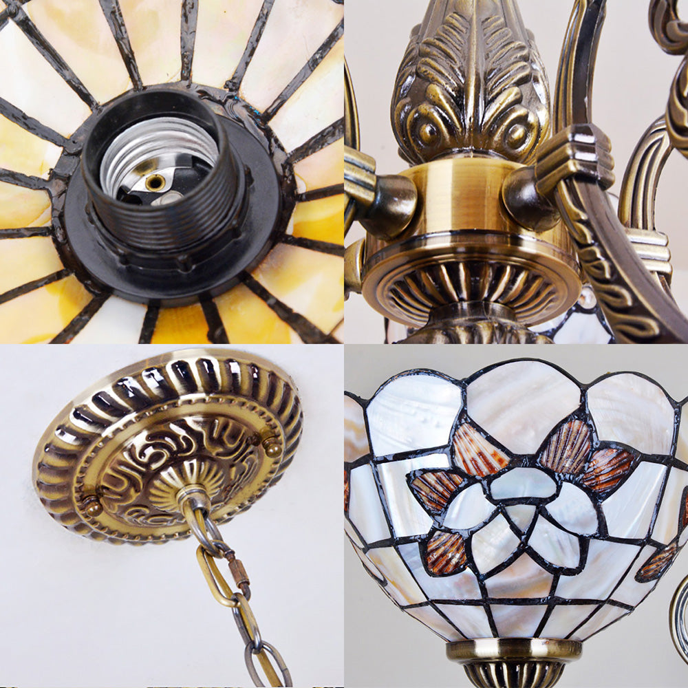 Floral Stained Glass Inverted Chandelier With Scalloped Design 3/5 Lights And Chain For Bedroom