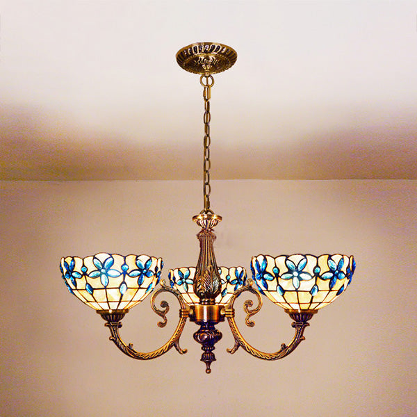 Floral Stained Glass Inverted Chandelier with Chain in Red/Blue for Vintage Bedroom Decor
