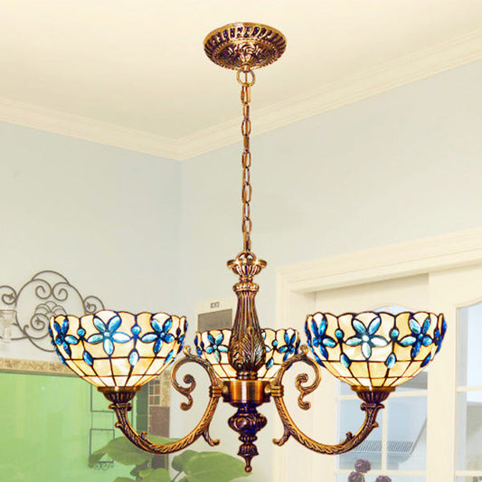 Floral Stained Glass Inverted Chandelier with Chain in Red/Blue for Vintage Bedroom Decor
