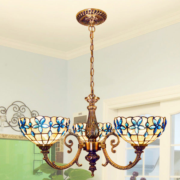 Floral Stained Glass Inverted Chandelier With Scalloped Design 3/5 Lights And Chain For Bedroom