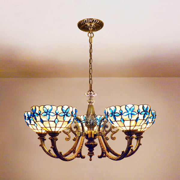 Floral Stained Glass Inverted Chandelier With Scalloped Design 3/5 Lights And Chain For Bedroom