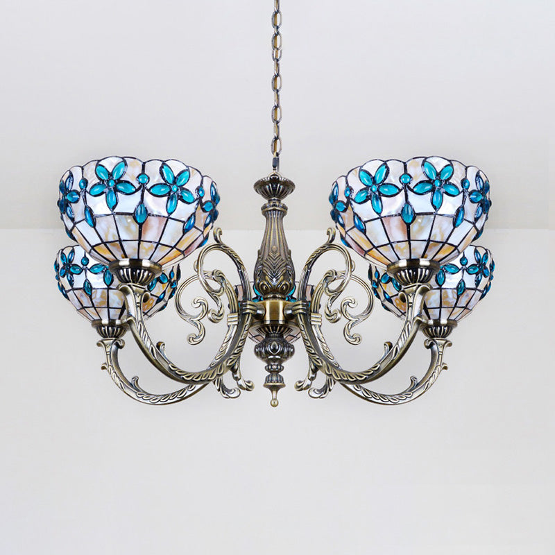 Floral Stained Glass Inverted Chandelier With Scalloped Design 3/5 Lights And Chain For Bedroom