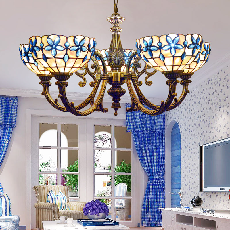 Floral Stained Glass Inverted Chandelier With Scalloped Design 3/5 Lights And Chain For Bedroom