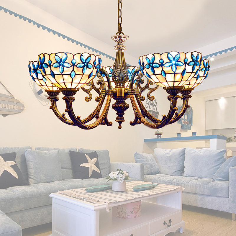 Floral Stained Glass Inverted Chandelier with Chain in Red/Blue for Vintage Bedroom Decor