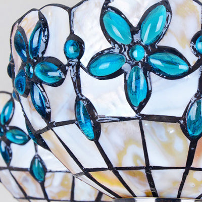 Floral Stained Glass Inverted Chandelier with Chain in Red/Blue for Vintage Bedroom Decor