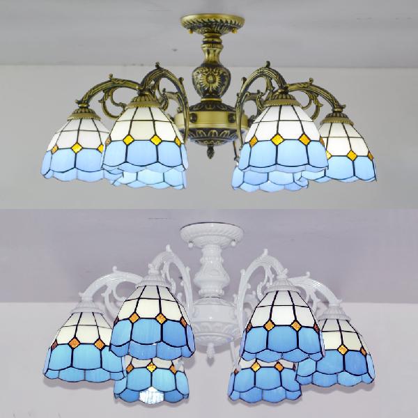 Plafonnier semi-encastré en forme de dôme en verre teinté Tiffany vintage en finition bronze/blanc (3/6 lumières)