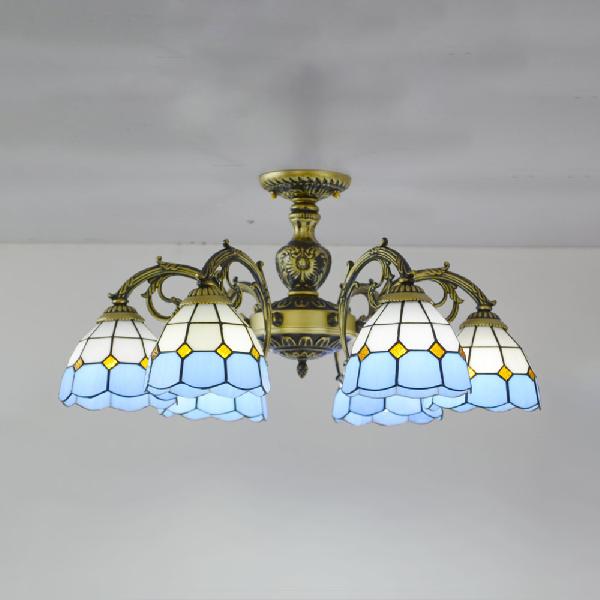 Plafonnier semi-encastré en forme de dôme en verre teinté Tiffany vintage en finition bronze/blanc (3/6 lumières)