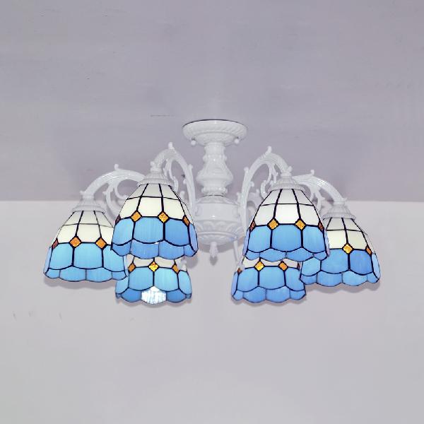 Plafonnier semi-encastré en forme de dôme en verre teinté Tiffany vintage en finition bronze/blanc (3/6 lumières)