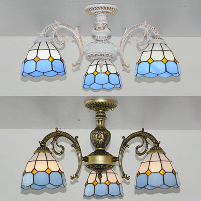 Plafonnier semi-encastré en forme de dôme en verre teinté Tiffany vintage en finition bronze/blanc (3/6 lumières)