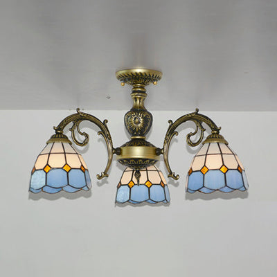 Plafonnier semi-encastré en forme de dôme en verre teinté Tiffany vintage en finition bronze/blanc (3/6 lumières)