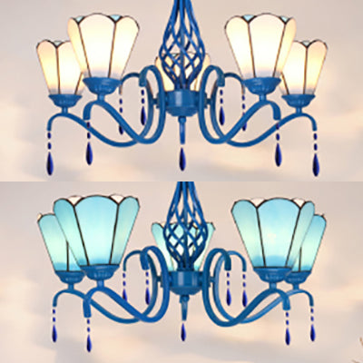 Vintage Cone Pendant Stained Glass Ceiling Light With Crystal - 5 Lights For Industrial Bedroom